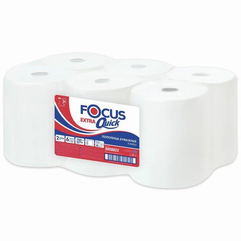 Полотенца бумажные рулонные 150 м FOCUS (H1) Extra Quick, втулка 38 мм, 2-слойные, белые, КОМПЛЕКТ 6 рулонов
