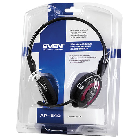 Наушники с микрофоном (гарнитура) SVEN AP-540, проводные, 2.2 м, с оголовьем, черно-красные