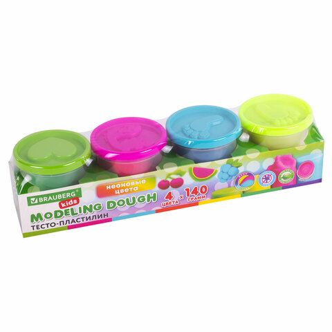 Пластилин-тесто для лепки BRAUBERG KIDS, 4 цвета, 560 г, яркие неоновые цвета, крышки-штампики