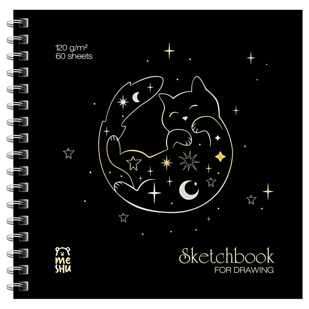 Скетчбук 60л., 150×150 MESHU «Black Cat», на гребне, отд. фольгой, soft-touch, 120г/м2