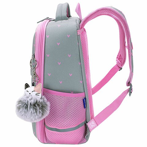 Ранец BRAUBERG LIGHT, 1 отделение, с брелоком, «Cat patches», плюшевые нашивки, 36×26х13 см