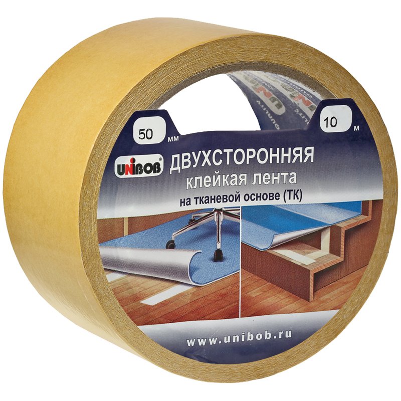 Клейкая лента двухсторонняя 50 мм х 10 м, ТКАНЕВАЯ ОСНОВА, подвес, UNIBOB