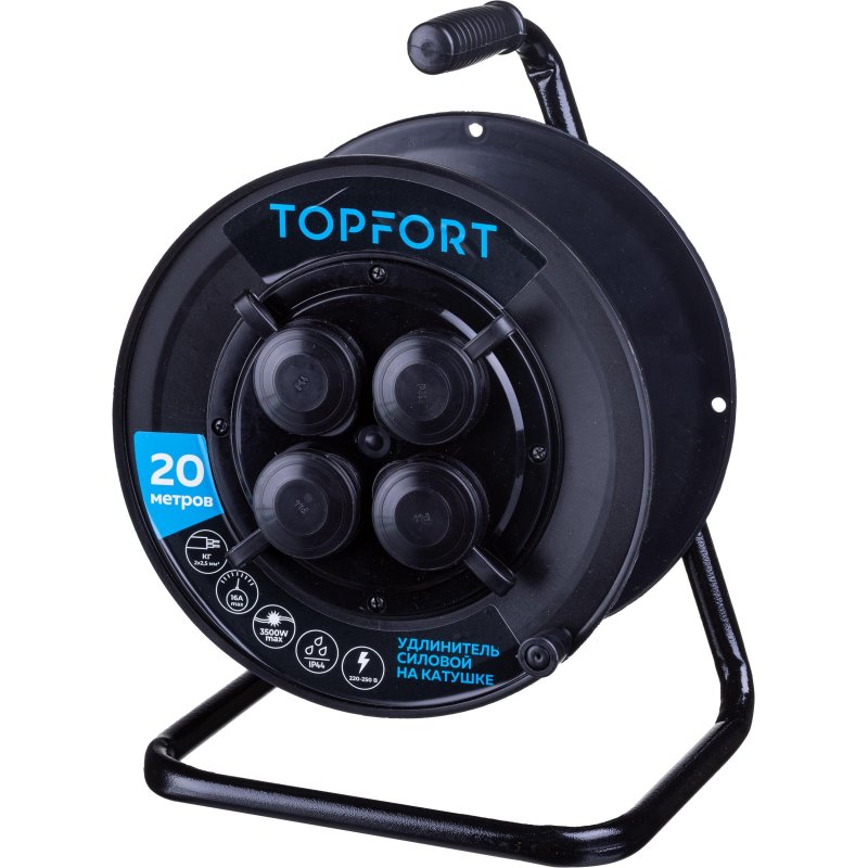 превью Удлинитель Topfort пласт. КГ 2×2.5 кв. мм 20м 16А 4 гнезда б/з., с/загл., IP44