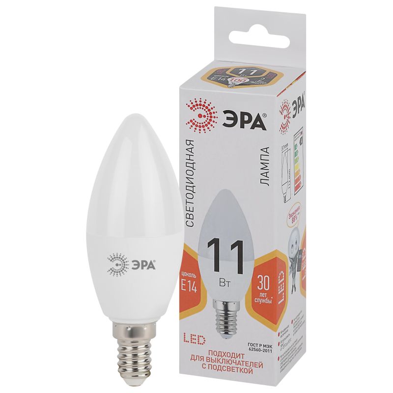 Лампа светодиодная ЭРА STD LED B35-11W-827-E14 E14 / Е14 11Вт теплый свет