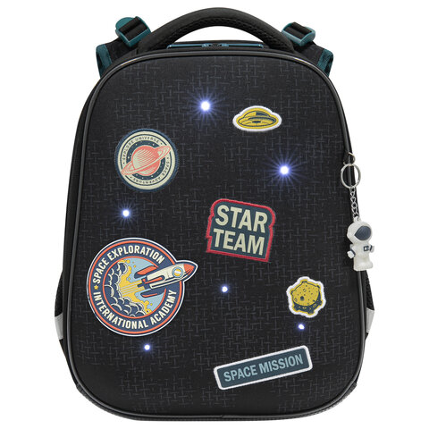 Ранец BRAUBERG PREMIUM, 2 отделения, с брелком, «Space mission», LED ЛАМПОЧКИ, 38×29х16 см