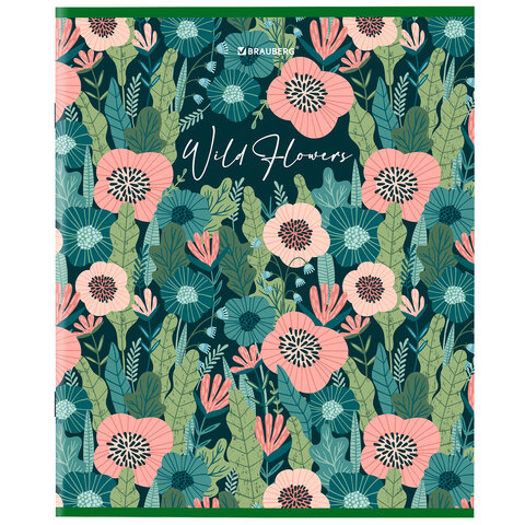 Тетрадь А5, 96 л., BRAUBERG, скоба, клетка, глянцевая ламинация, «Wild Flowers»