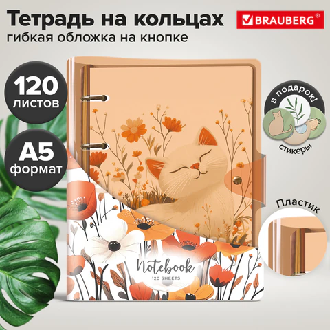 Тетрадь на кольцах А5, 180×220 мм, 120 л., неоновый пластик, клапан, BRAUBERG, оранжевый