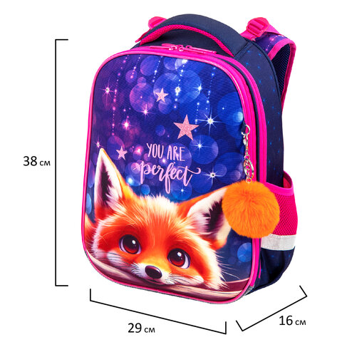 Ранец BRAUBERG PREMIUM, 2 отделения, с брелоком, «Cute fox», LED-ЛАМПОЧКИ, 38×29х16 см