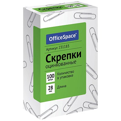 Скрепки 28мм, OfficeSpace, 100шт., оцинкованные, карт. упак. 