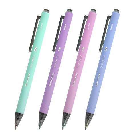Ручки шариковые автоматические BRAUBERG «VIVID PASTEL», СИНИЕ, НАБОР 4 ШТУКИ, soft-touch, пишущий узел 0.7 мм, линия письма 0.35 мм