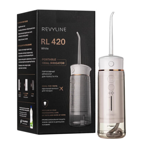 Ирригатор для полости рта REVYLINE RL 420, портативный, емкость резервуара 0.18 л, 2 насадки, белый