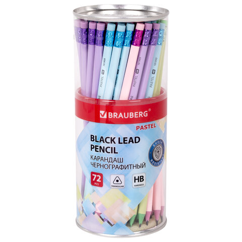 Карандаш чернографитный BRAUBERG «PASTEL», 1 шт., HB, трехгранный, с ластиком