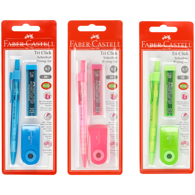 превью Карандаш механический Faber-Castell «Tri Click», 2B, 0.7мм, с ласт+грифели 20шт, 0.7мм+ластик «Sleeve Mini», прям, 54×25×13мм, пласт. фут, голуб, блист