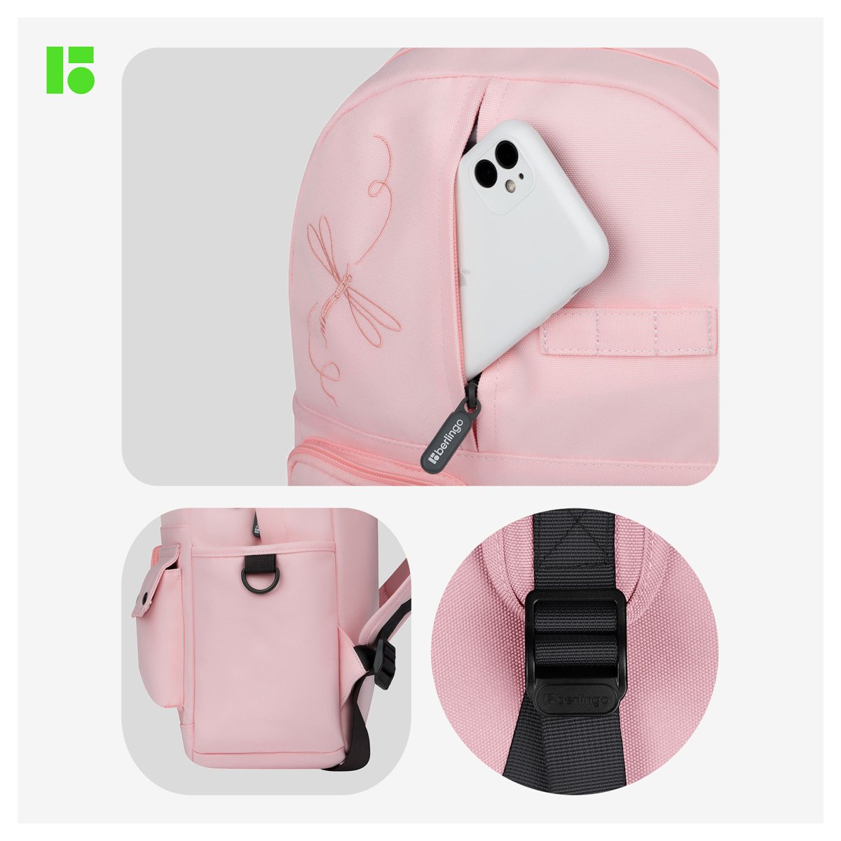 Рюкзак Berlingo Urban «Pink dragonfly» 40.5×30×13.5см, 1 отделение, 6 карманов, уплотненная спинка