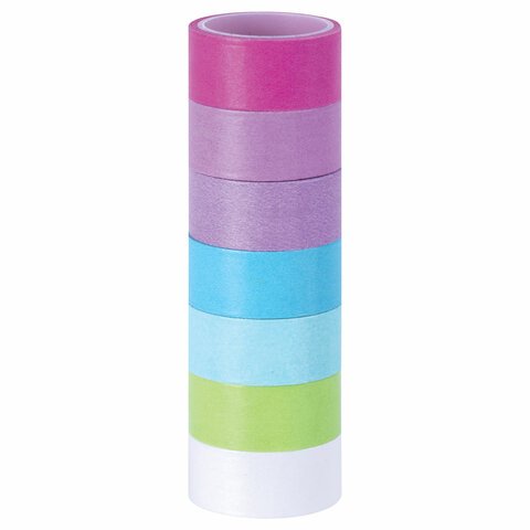 превью Клейкие WASHI-ленты для декора «ПАСТЕЛЬ», 7 холодных цветов, 15 мм х 3 м, рисовая бумага, ОСТРОВ СОКРОВИЩ, 661701