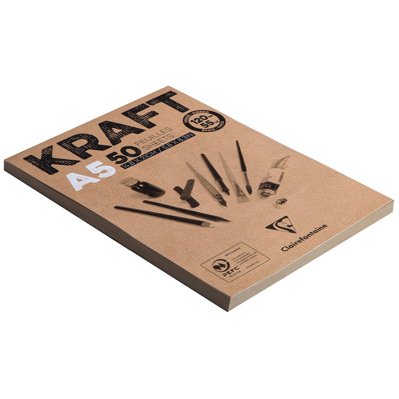 Блокнот для эскизов и зарисовок 50л. А5 на склейке Clairefontaine «Kraft», 120г/м2, верже, крафт