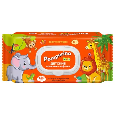 Салфетки влажные детские 130 шт., PAMPERINO, с экстрактом ромашки и витамином Е, крышка-клапан
