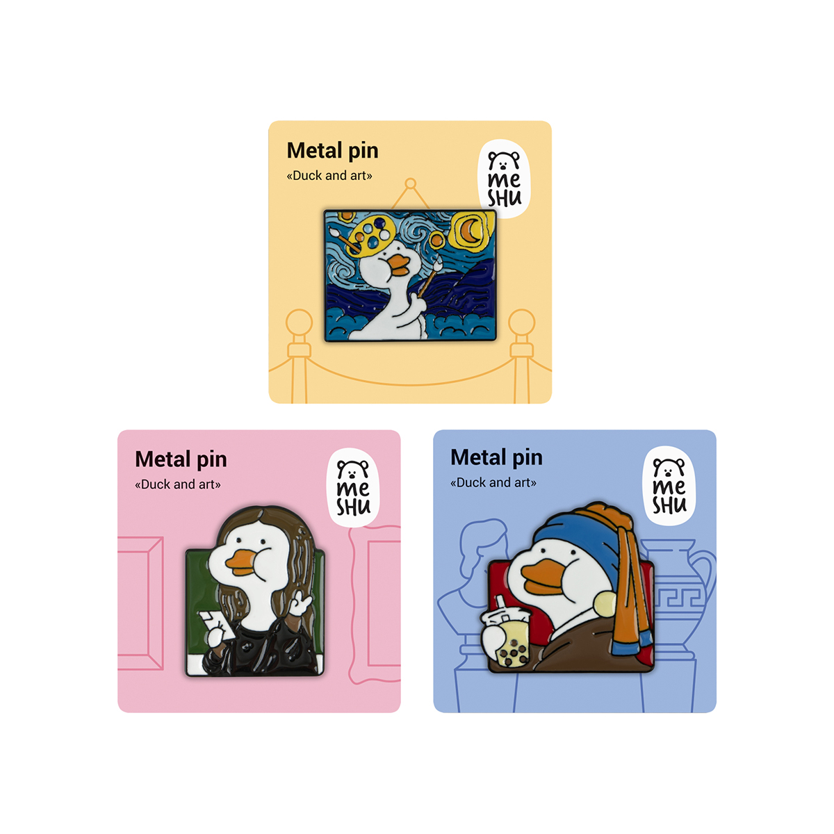 превью Набор металлических значков MESHU «Ducks and art», эмаль, 3шт, картонная подложка, европодвес