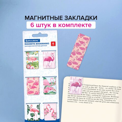 Закладки для книг МАГНИТНЫЕ, «FLAMINGO», набор 6 шт., 35×25 мм, BRAUBERG