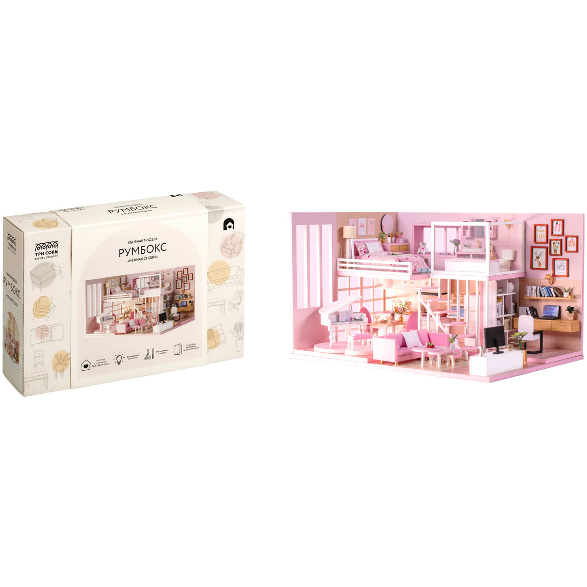 Сборная модель ТРИ СОВЫ, Румбокс «Нежная студия», инструменты, клей, светодиоды, картонная коробка