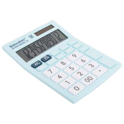 Калькулятор настольный BRAUBERG ULTRA PASTEL-12-LB (192×143 мм), 12 разрядов, двойное питание, ГОЛУБОЙ