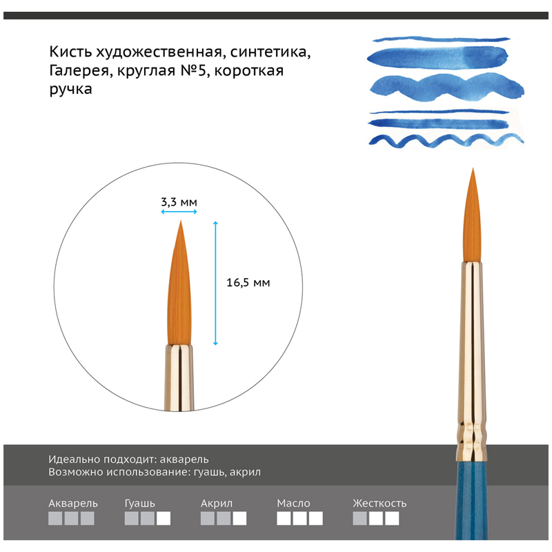 Кисть художественная синтетика Гамма «Галерея», круглая №5, короткая ручка