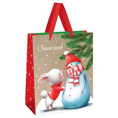 Пакет подарочный 26×32×12см MESHU «Snowman», крафт