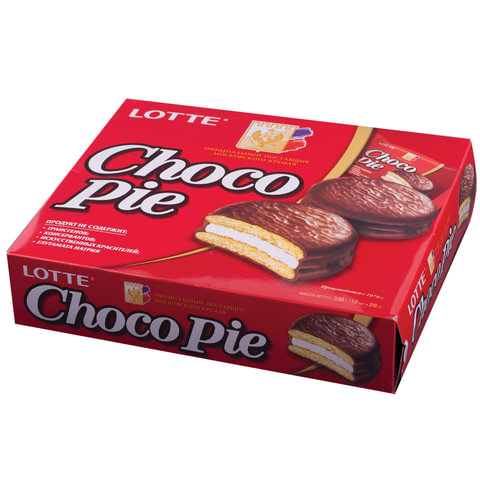 Печенье LOTTE «Choco Pie», прослоенное, глазированное, в картонной упаковке, 336 г (12 штук х 28 г)
