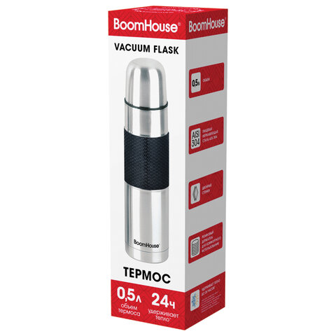 Термос 0.5 л, BOOMHOUSE (БУМХАУС) CLASSIC, нержавеющая сталь SUS304, черный силиконовый рукав, крышка/кружка