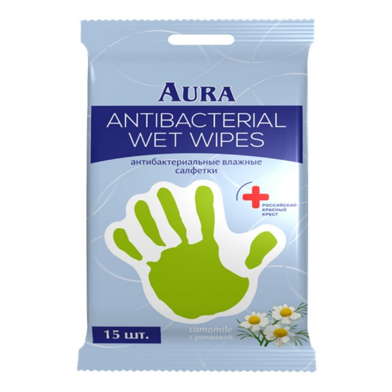 Салфетки влажные Aura «Derma Protect» pocket-pack, 15шт., антибакт., с лимоном/ромашкой