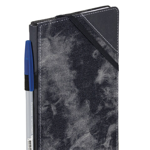 Блокнот А5 135×210мм BRAUBERG Denim, ткань/экокожа, резинка, держатель, 80л клетка, черный