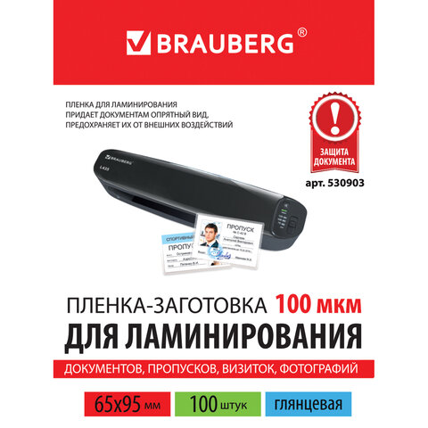Пленки-заготовки для ламинирования BRAUBERG, комплект 100 шт., 65?95 мм, 100 мкм