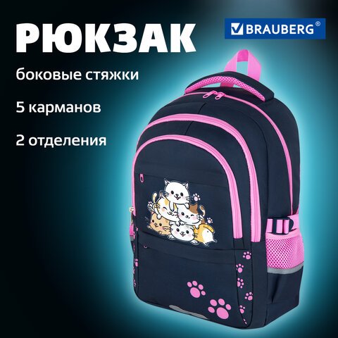 Рюкзак BRAUBERG VIBE, 2 отделения, 5 карманов, «Cat meeting», 40×28х14 см