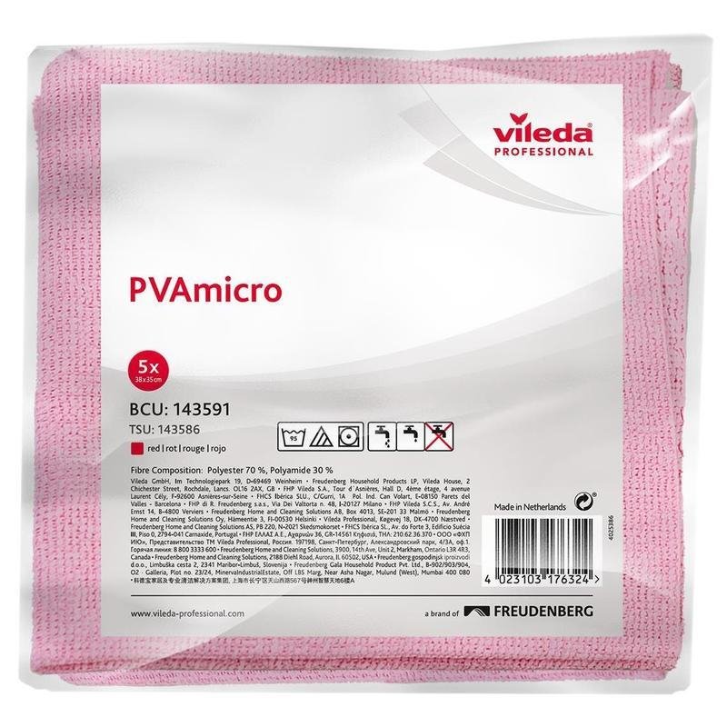 Салфетка VILEDA «ПВАмикро», комплект 5 шт., искусственная замша, красная, 35×38 см