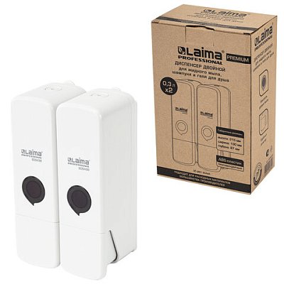 Дозатор двойной 2 х 0.3 л для жидкого мыла/шампуня/геля LAIMA PREMIUM, НАЛИВНОЙ, белый, ABS-пластик