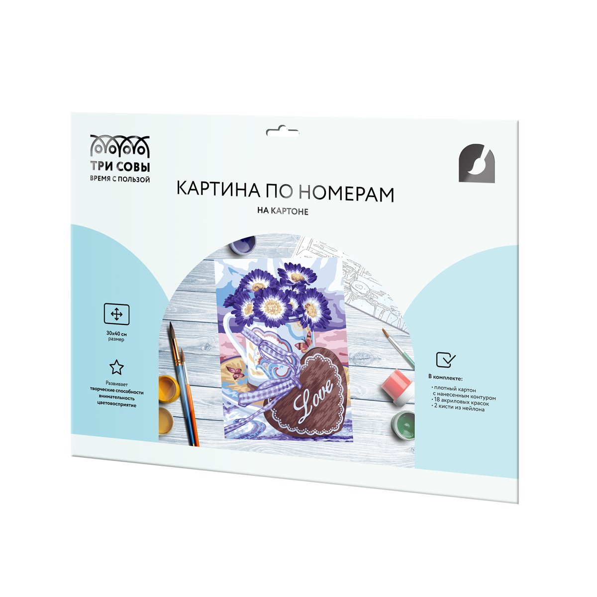 Картина по номерам на картоне ТРИ СОВЫ «С любовью», 30×40, с акриловыми красками и кистями