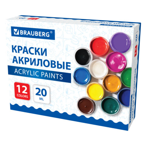 Краски акриловые для рисования и творчества 12 цветов по 20 мл, BRAUBERG