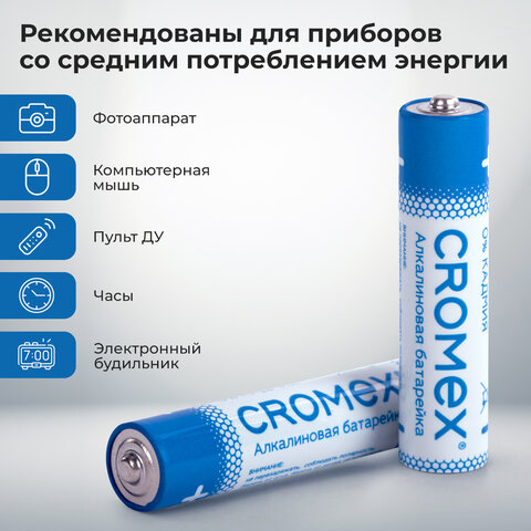 Батарейки алкалиновые «мизинчиковые» КОМПЛЕКТ 4 шт., CROMEX Alkaline, AAA (LR03, 24А), спайка