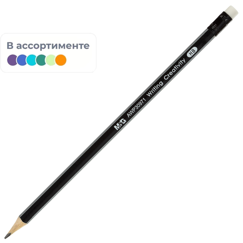 превью Карандаш чернографитный M&G HB дерев, заточ, трехгр, с ласт, в асс AWP30971