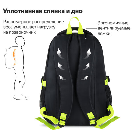 Рюкзак BRAUBERG универсальный, 3 отделения, черный, салатовые детали, 46×31х18 см