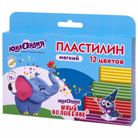 Пластилин мягкий ЮНЛАНДИЯ «ЮНЫЙ ВОЛШЕБНИК», 12 цветов 180 г, СО СТЕКОМ, ВЫСШЕЕ КАЧЕСТВО, европодвес