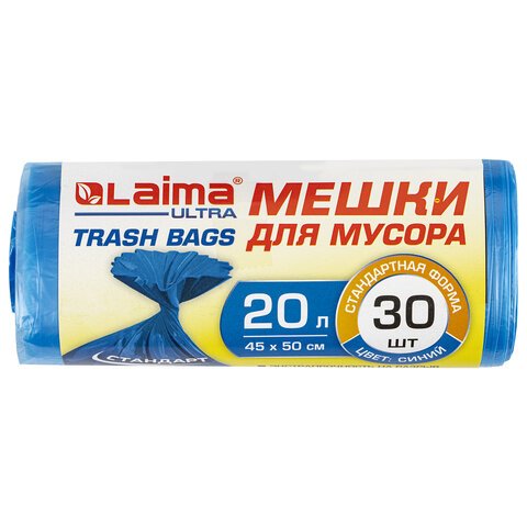 Мешки для мусора LAIMA «ULTRA» 20 л синие 30 шт. прочныеПНД 8 мкм45×50 см607682