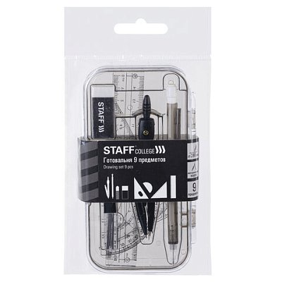 Готовальня STAFF «College» 9 предметов: циркуль 120 мм, чертежные принадлежности, механический карандаш, пластиковый пенал