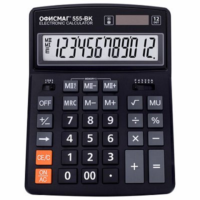 Калькулятор настольный ОФИСМАГ 555-BK (206×155 мм), 12 разрядов, двойное питание, ЧЕРНЫЙ