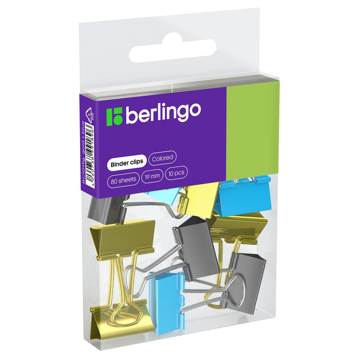 превью Зажимы для бумаг 19мм, Berlingo 10шт, цветные, ПВХ упак., европодвес, голубой+золотой