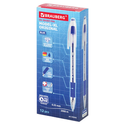 Ручка шариковая масляная с грипом BRAUBERG «Model-XL» ORIGINAL, СИНЯЯ, узел 0.7 мм, линия письма 0.35 мм, 143242