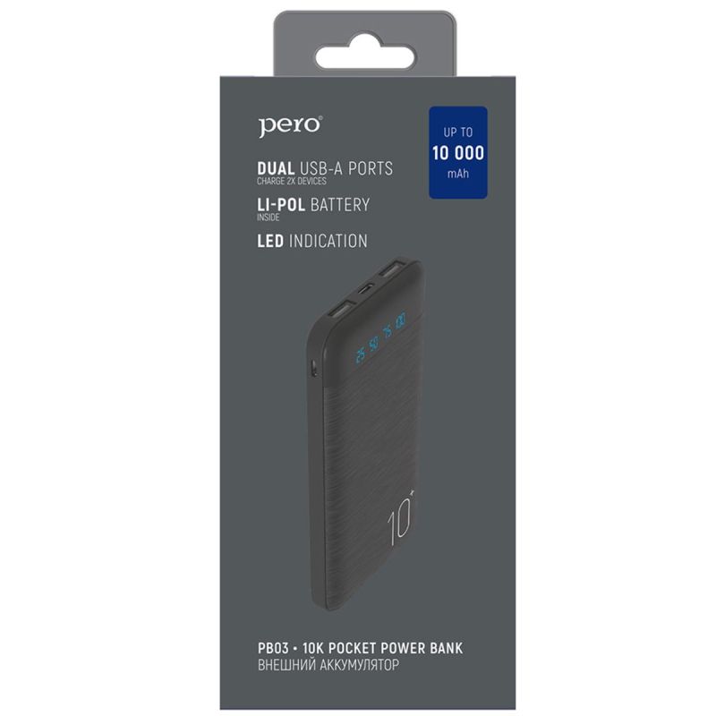 Внешний аккумулятор PERO PB03 10000 mAh, Li-Pol, output 2xUSB-A 2.1A, черн