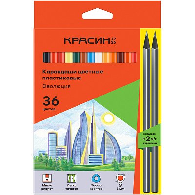 Карандаши цветные пластиковые Красин «Эволюция», 36цв. +2 ч/г HB, заточен., картон, европодвес