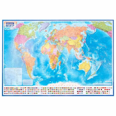 Карта мира политическая 199×134 см, 1:15.5М, с ламинацией, интерактивная, европодвес, BRAUBERG