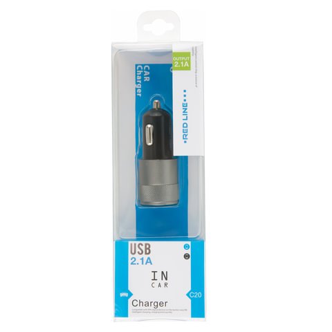 Зарядное устройство автомобильное, RED LINE C20, кабель microUSB 1 м, 2 порта USB, выходной ток 2.1 А, черное